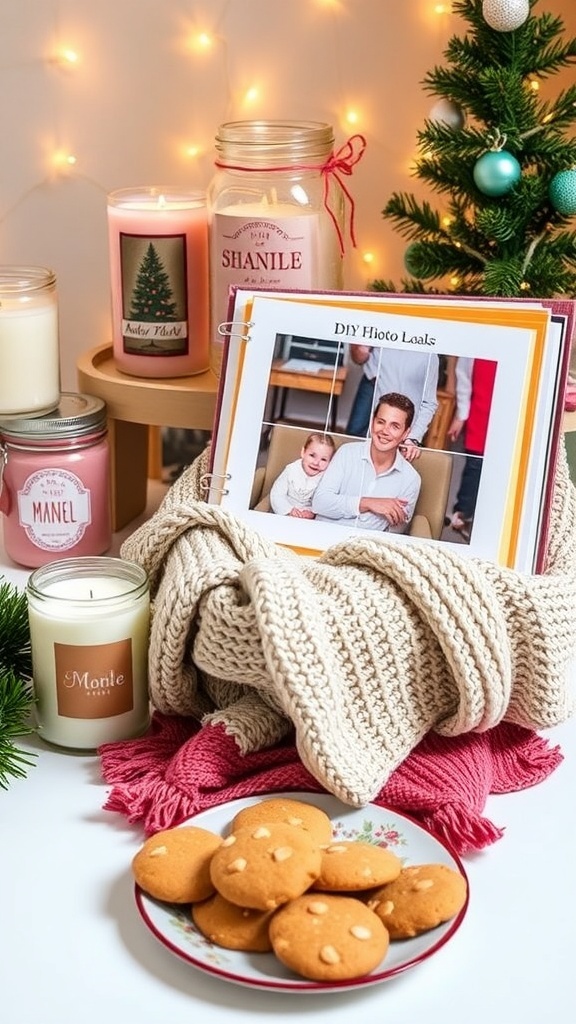 A collection of DIY Christmas gifts including candles, photo albums, scarves, and cookies in a festive setting.